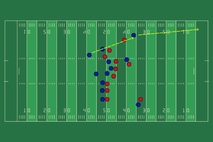 WR wyprzedza obrońcę i po złapaniu piłki biegnie do pola punktowego